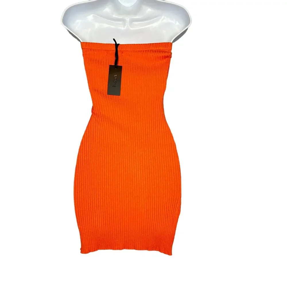 Revolve Orange Strapless Mini Dress SMALL Bodycon Tube Rib Knit H:ours $138 NEW - Picture 5 of 7